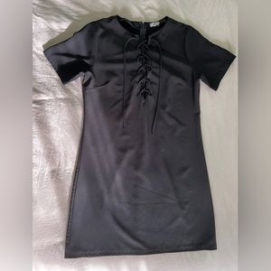 laced up front black short sleeve dress